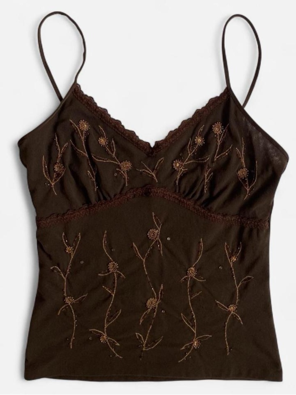 Vintage Y2K brown beaded mesh floral cami top